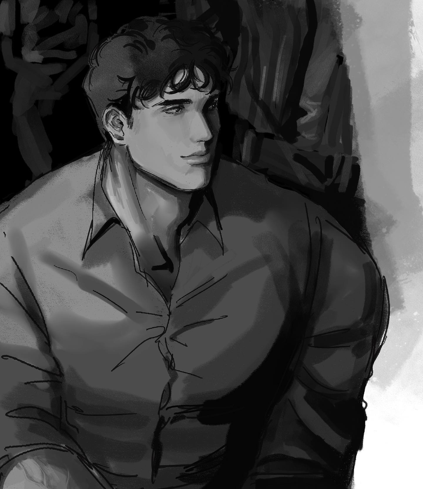 the image is a black and white, artistic portrayal of a man. he is depicted from the chest up, with his head slightly turned. he has short, dark hair, and his expression is somewhat serious and contemplative. he is wearing a buttonup shirt. the style is loose and expressive, characteristic of digital painting or a quick sketch. the background is dark and indistinct, keeping the focus on the man. the overall mood is dark and moody, yet the man's features are quite attractive and the style is artistic and stylistic.