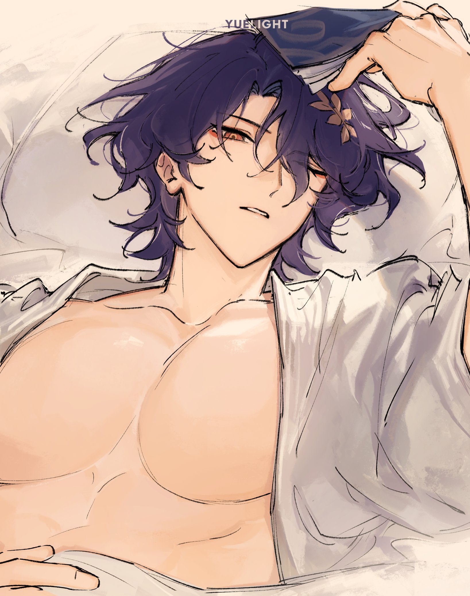 the image is a piece of digital fanart depicting a young, attractive animestyle male character. he has long, purple hair with a small flower tucked behind his ear. he's lying on his back on a bed or pillow, wearing a loose, open lightcolored robe or kimono, partially revealing a toned, muscular upper body. his expression is relaxed and peaceful, suggesting he is sleeping or resting. the overall style is soft and sensual with a focus on the character's beauty and peaceful demeanor. the artist's signature, "yuelight," is visible in the upper portion of the image.
