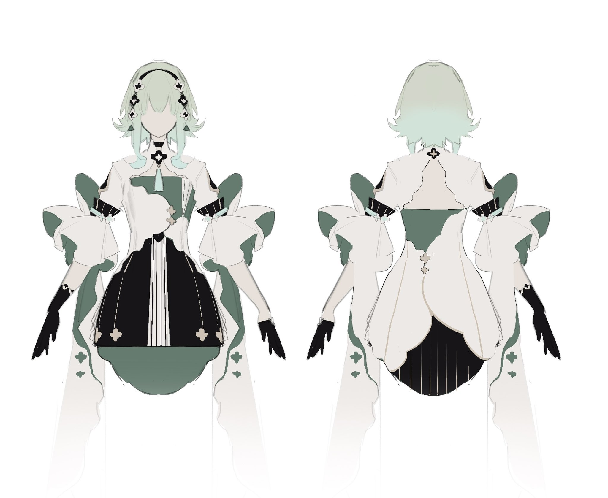 this is a front and back view sketch of a female character wearing an elaborate dress with large bows, gloves, and ribbons. she has short green hair and her facial features are obscured. the design is mostly in shades of green, black, and white.