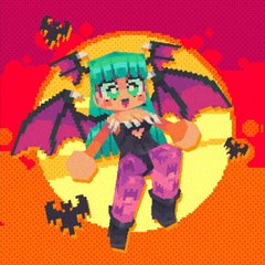 a pixel art illustration of a woman dressed as a vampire for halloween, with bat wings outspread against a sunset backdrop. she's rendered in a cute, playful style reminiscent of classic video games.