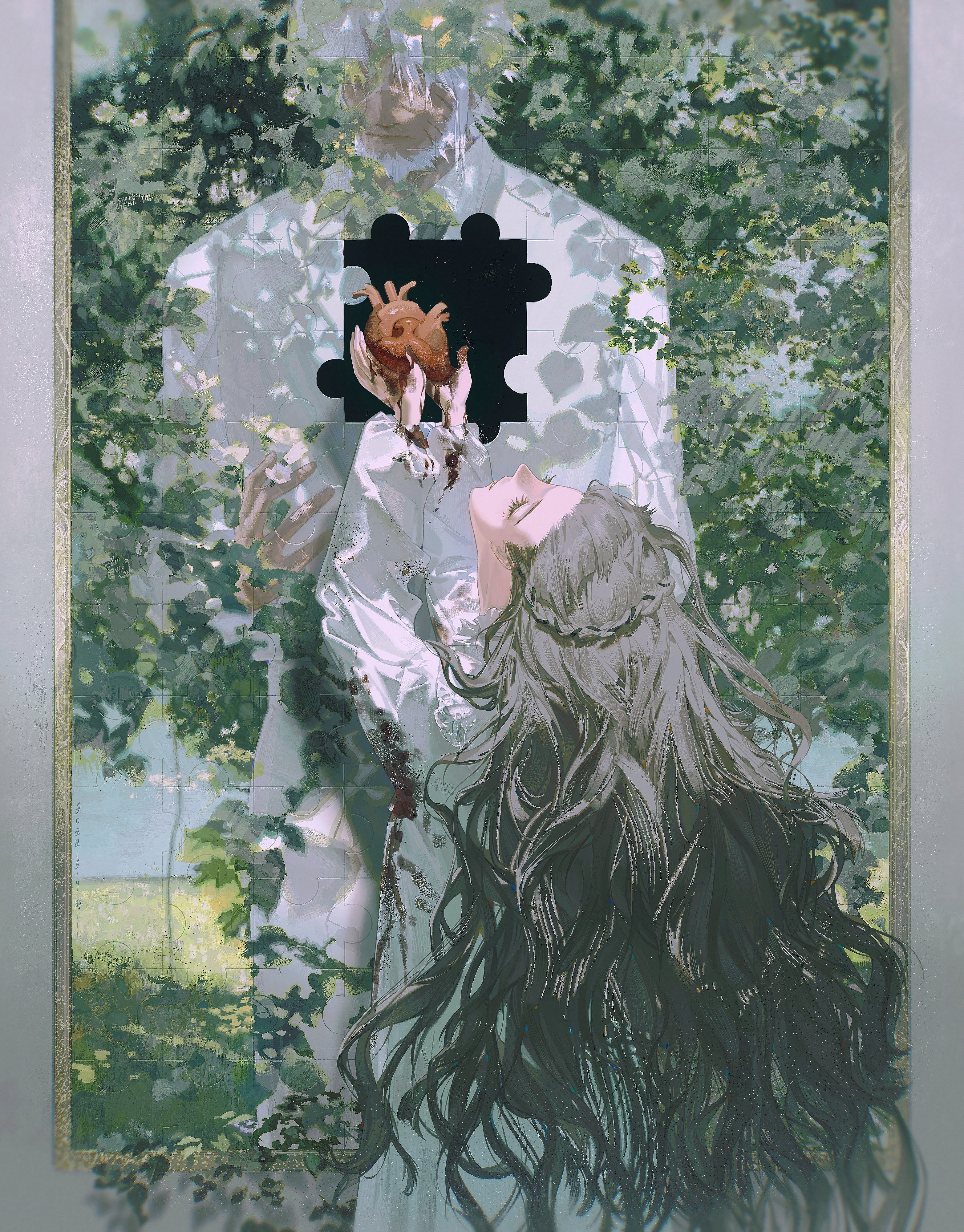 an anime style illustration of a man and a woman in a forest setting. the man, in a white suit, stands behind the woman, and his chest is partially covered with a black puzzle piece with a small red heart in the middle. the woman is wearing a white dress and has long dark hair that almost completely covers her face. she is looking up, with a slightly sad expression. the image appears to depict a heart being given or taken, and the man’s expression is not visible but he looks sad. there is a somber tone to the image that evokes emotions of love, sorrow, and sadness.