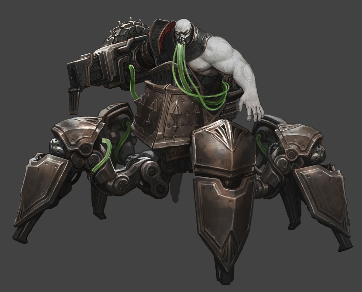 the digital painting depicts a powerful, muscular, pale cyborg or creature seated within a complex, sixlegged mechanical contraption. the creature is bald, with a dark mask or respirator covering its mouth and nose, revealing only a pale face and intense eyes.  green tubes or wires snake around its body and connect to the machine. the machine itself is primarily dark brown/grey metal, with a design that blends organic and mechanical elements, resembling a spider or other multilegged creature.  the overall tone is dark, ominous, and suggests a powerful, violent, science fiction or cyberpunk setting. the style is highly detailed and evocative of fantasy and game art.