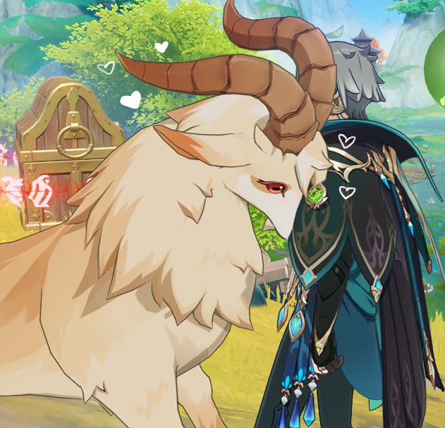 an image from the popular video game genshin impact, featuring a white sheep and a male character. the character is wearing a black and green outfit with blue accents. both are looking at each other with a friendly expression. the sheep is leaning its head on the character's chest. they appear to be close friends and the sheep has a heart shaped light above its head.