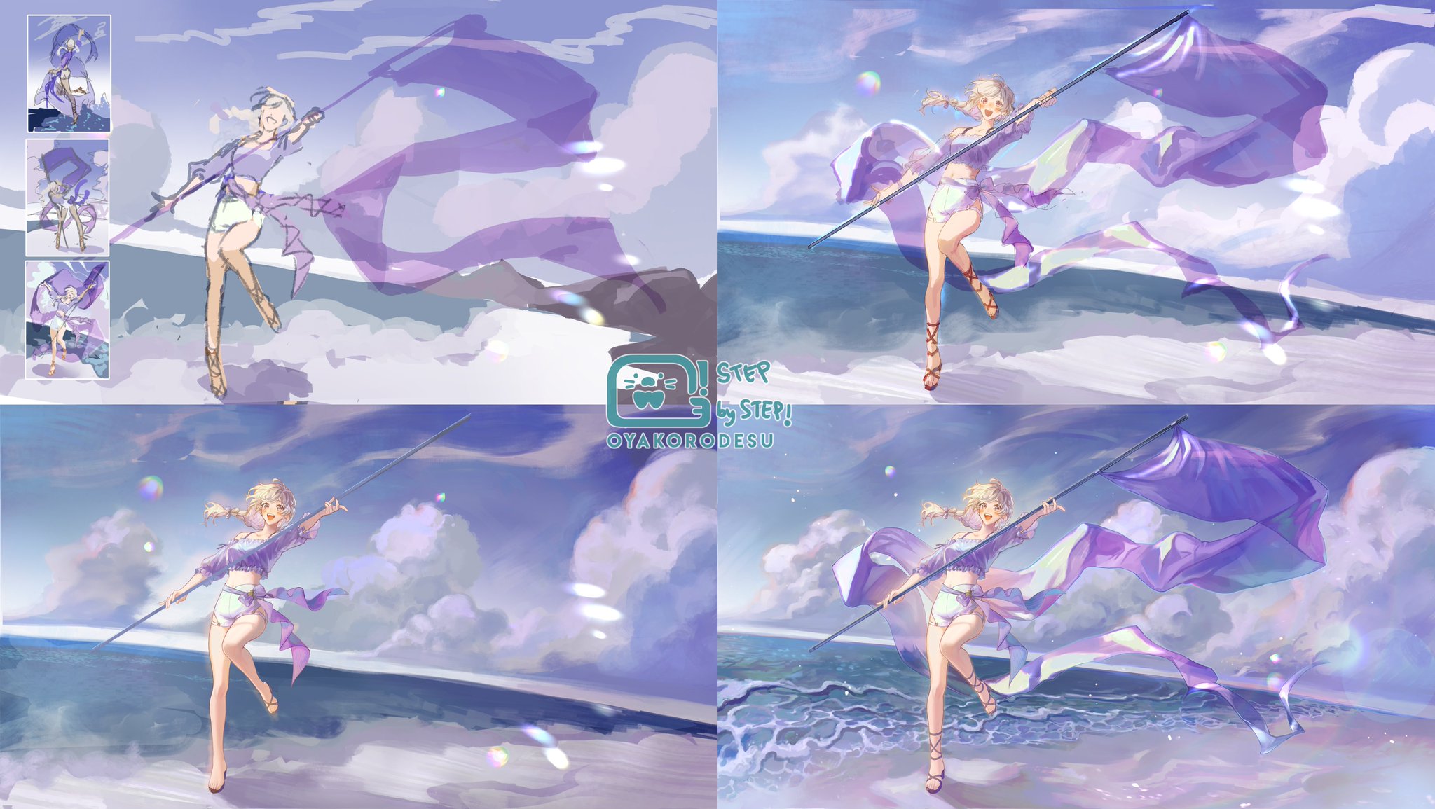 this is a stepbystep digital illustration of an anime girl standing on a beach. she is wearing a purple dress and holding a flag that is flowing in the wind. the background shows the ocean and sky with clouds. the artist has used vibrant colors and soft shading to create a beautiful and whimsical scene.  this image is meant to be a tutorial for aspiring artists who want to learn how to draw anime characters and scenery.  the text on the bottom of the image is the artist's signature.