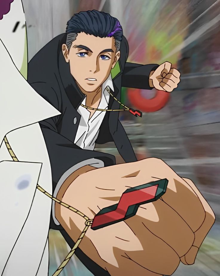 this is an illustration from an anime or manga series. it shows a young male character with black hair, a white shirt, and a black jacket running, his hand is close to the viewer and he's making a fist. the character has a necklace with a red pendant. the background is blurred, giving the impression of speed. the image is a closeup on the character's fist.
