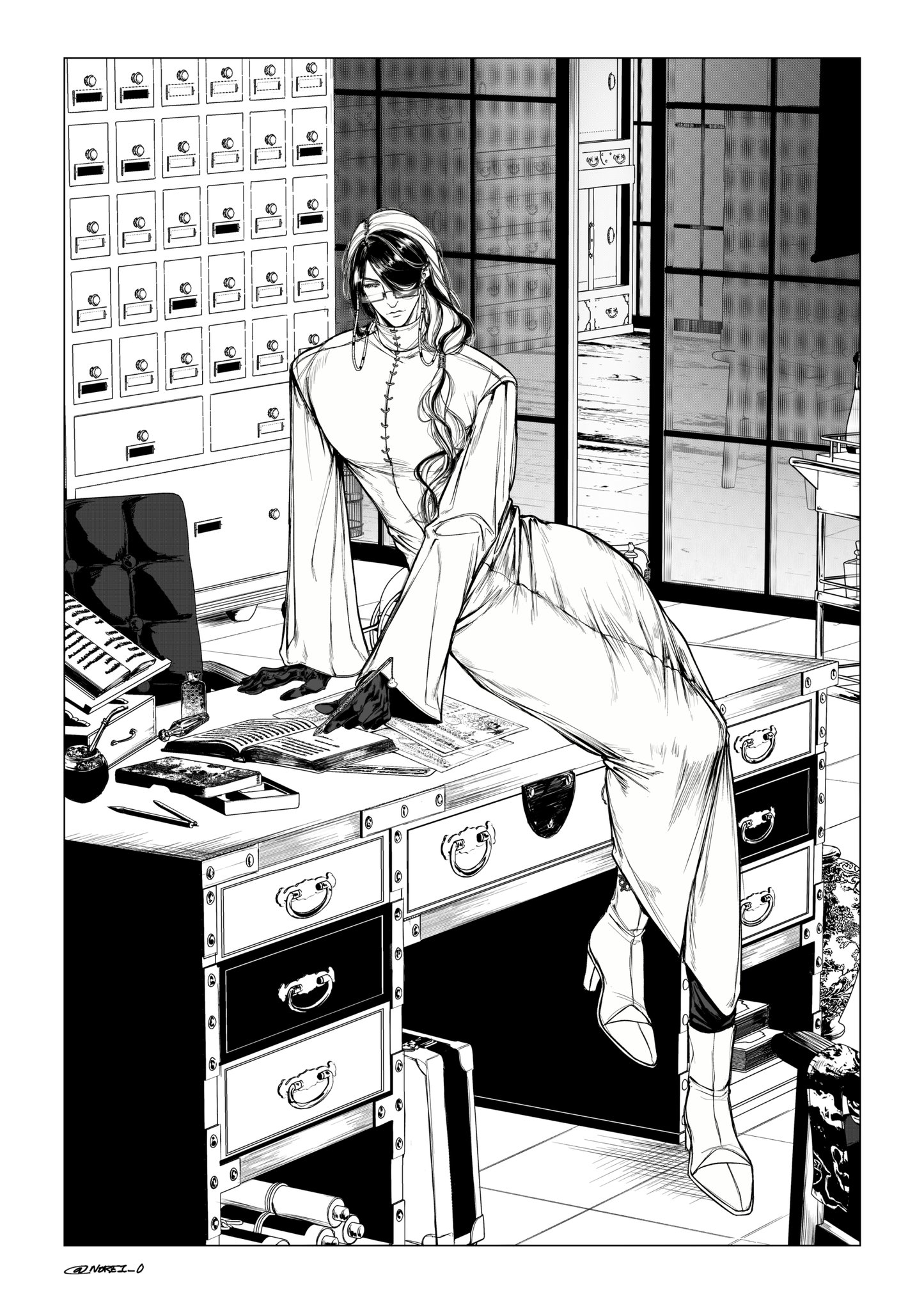 a man in a suit, sitting on a chair, is seated at a desk and appears to be reading a book. he has black hair, a white suit, and black gloves on. the desk is covered in a black and white patterned cloth, with a large book on top. the desk has a series of drawers and the man's legs are crossed. the room is dark and appears to be a library or office, with a large bookshelf in the background. the man is staring intently at the book in his hands.
