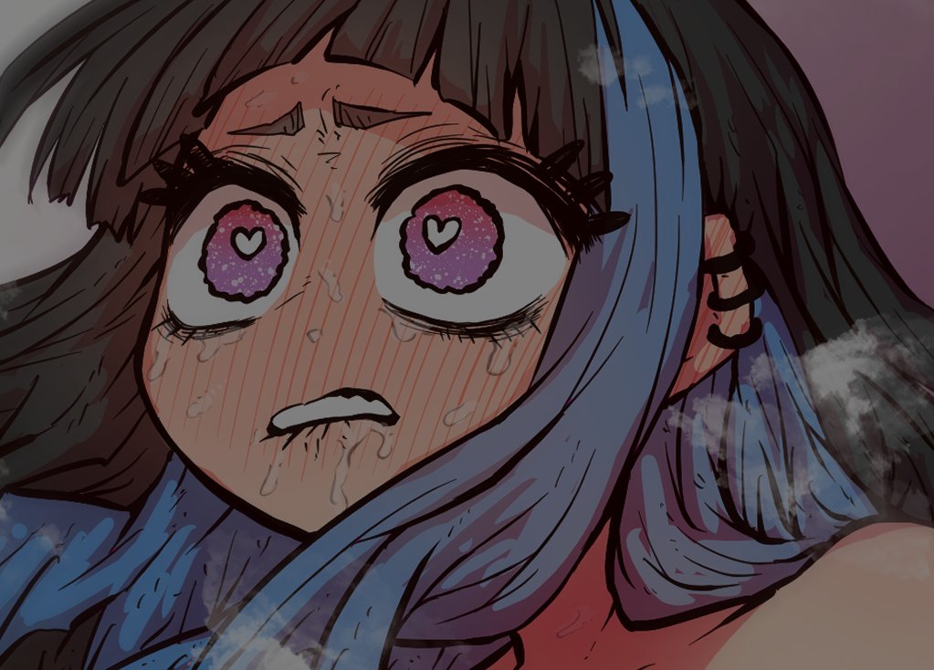 a closeup illustration of an anime girl. she has pink hearts in her eyes, blue and purple hair, and is blushing and sweating. her mouth is open and she appears to be nervous or scared. the background is blurry and faded.