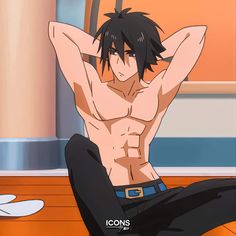 the image shows an animestyle drawing of a young man with spiky black hair. he is shirtless, revealing a toned and muscular physique. he is sitting with his arms behind his head, emphasizing his abs and chest. he wears darkcolored pants with a gold buckle. the setting appears to be indoors with a soft, warm light source. the low angle of the drawing emphasizes his physique and creates a sense of strength.