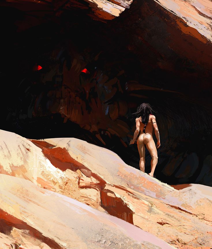 a digital painting depicts a nude woman with long black hair and a single braid walking toward a dark cave or opening in a canyon wall. the cave has two ominous red eyes peering out from the darkness, suggesting a monster or creature lurking within. the landscape is a desert canyon with sandycolored rocks and cliffs. the overall mood is mysterious and potentially dangerous.