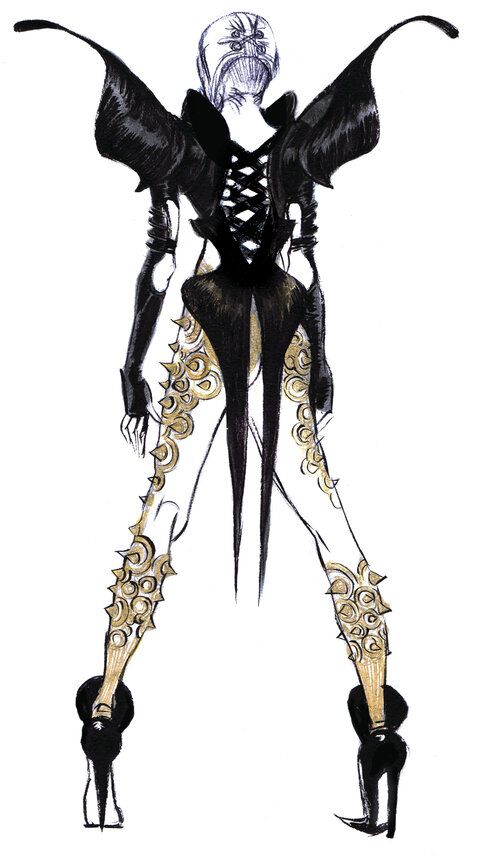 a hand drawn illustration of a fashionable woman wearing a black dress with gold accents, wings, and highheeled boots.  the woman is sketched with a black pen on white paper, and the illustration is done in an abstract fashion, showing the woman in a dynamic pose with her arms outstretched and her wings spread. the drawing is focused on the clothing, with emphasis on the intricate details.