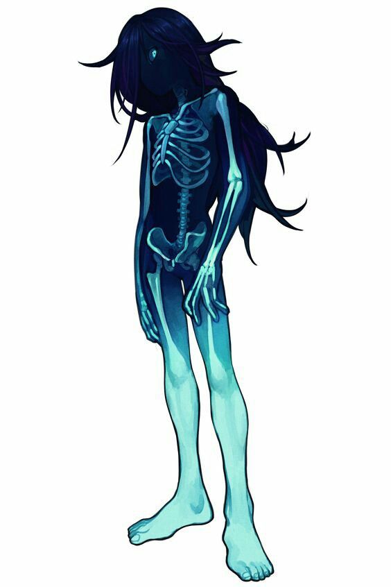 a digital painting of a female anime character with a transparent blue body. the character is a ghost with a visible skeletal structure. her long dark hair flows behind her.  the character appears to be female, but her face and hair are largely obscured in shadow.