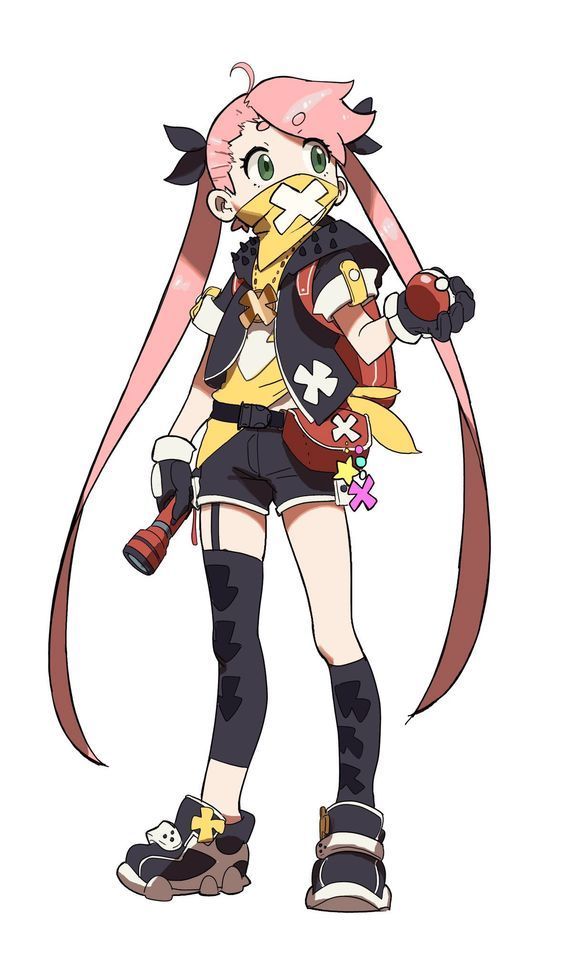 the image shows a fullbody illustration of an animestyle female character. she appears to be a pokémon trainer, judging by the pokeball she holds. she has long, flowing pink hair, a distinctive xshaped mask, and wears a sporty outfit with a yellow shirt, black jacket, and shorts.  she carries a backpack and what seems to be a flashlight. her boots are bulky and her overall design is somewhat punkinspired. the style is vibrant and detailed, with clear lines and bright coloring.  the background is plain white.