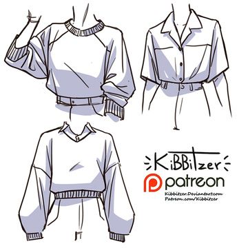 the image shows a handdrawn sketch of three different outfits for a woman. the image is simple and minimalist and shows the outline of the clothing items. the outfits are casual and include a longsleeved sweater with a crop top, a shortsleeved buttondown shirt, and a longsleeved sweater with a crop top. the outfits are all drawn with black lines and no coloring.