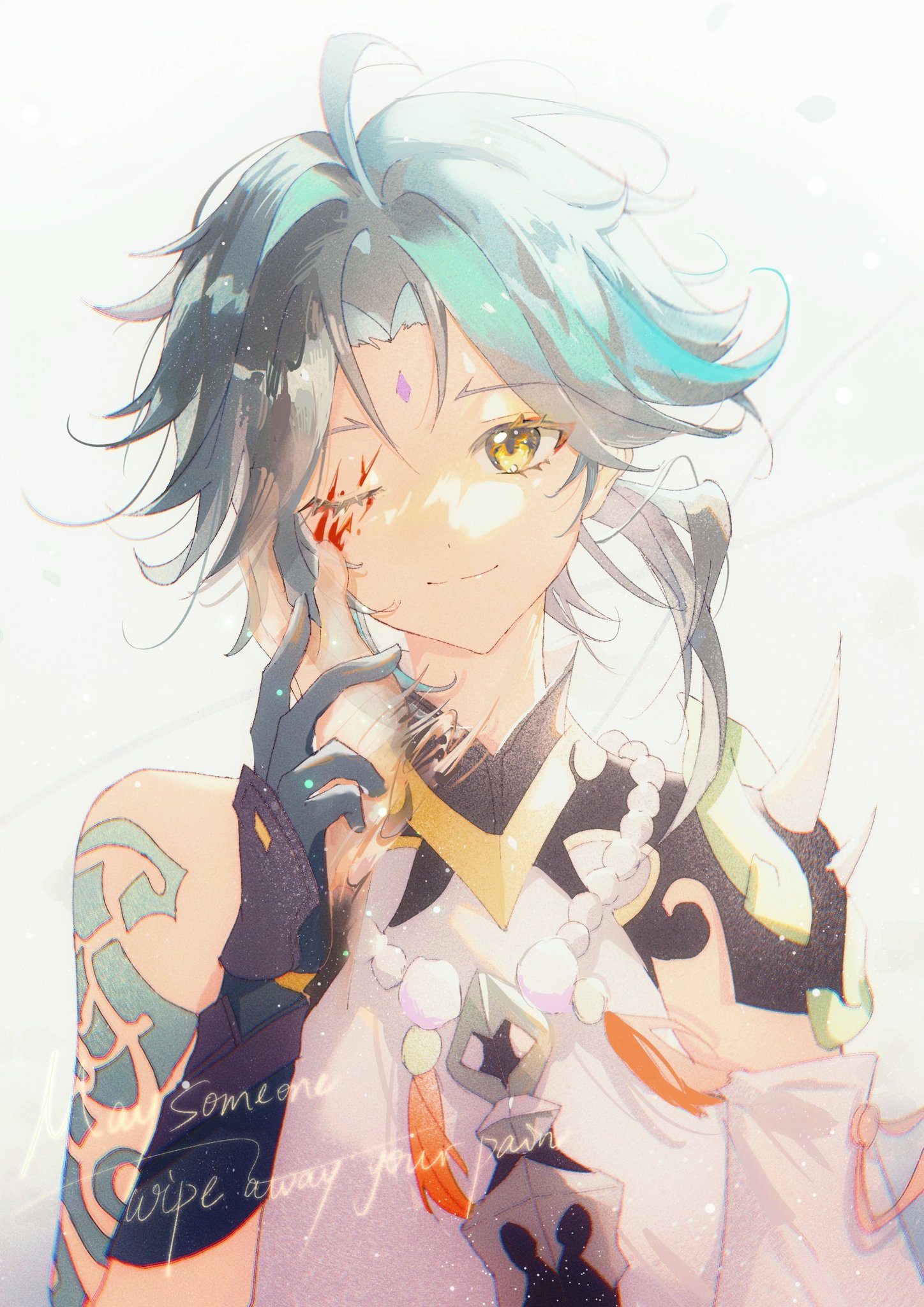 a digital illustration of an animestyle male character. he is wearing a white and green outfit. he is smiling and has a red scar on his right cheek. he has green, blue, and white hair. he is holding a sword in his right hand and wearing jewelry, a necklace with a white, black, and green pattern, and white gloves on both hands. the background is white with light pink and light blue highlights. the text "may someone wipe away your past" is on the bottom left corner.