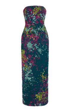 this is a strapless sequined dress with a floral pattern in shades of pink, teal, green, and blue. it's perfect for a cocktail party or evening event.