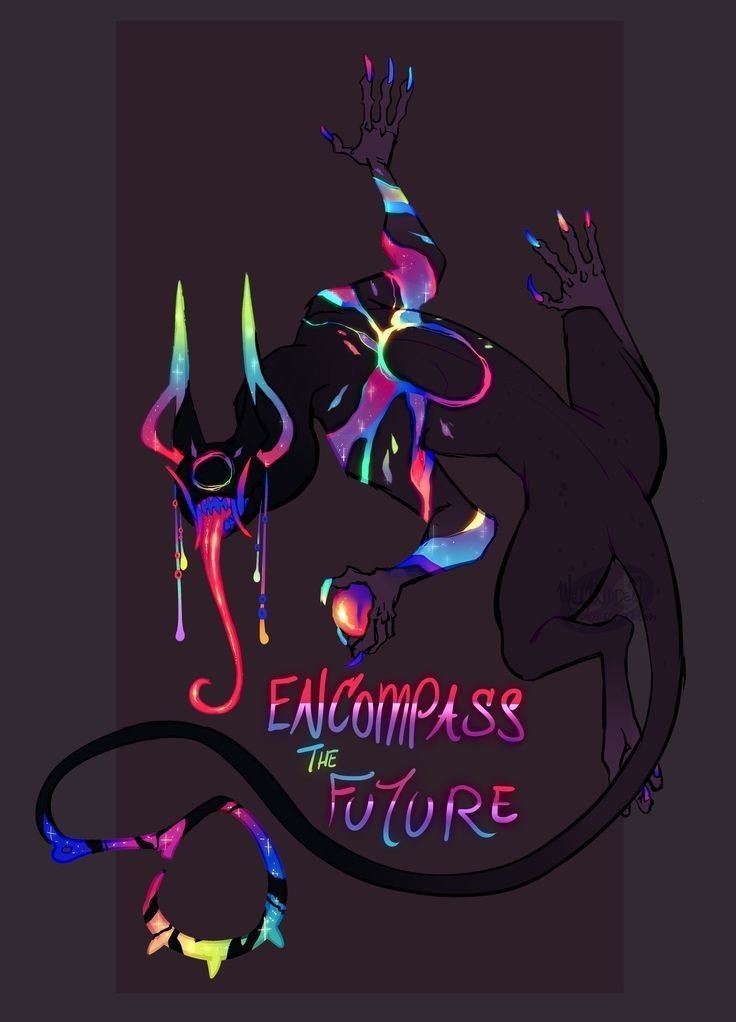 the image shows a drawing of a fantasy creature on a dark background. the creature has black fur, long horns, and a long tongue that is dripping. it has hands with claws and a long tail. the creature is colorful in some areas, with a glowing effect. the text "encompass the future" is also present in the image.