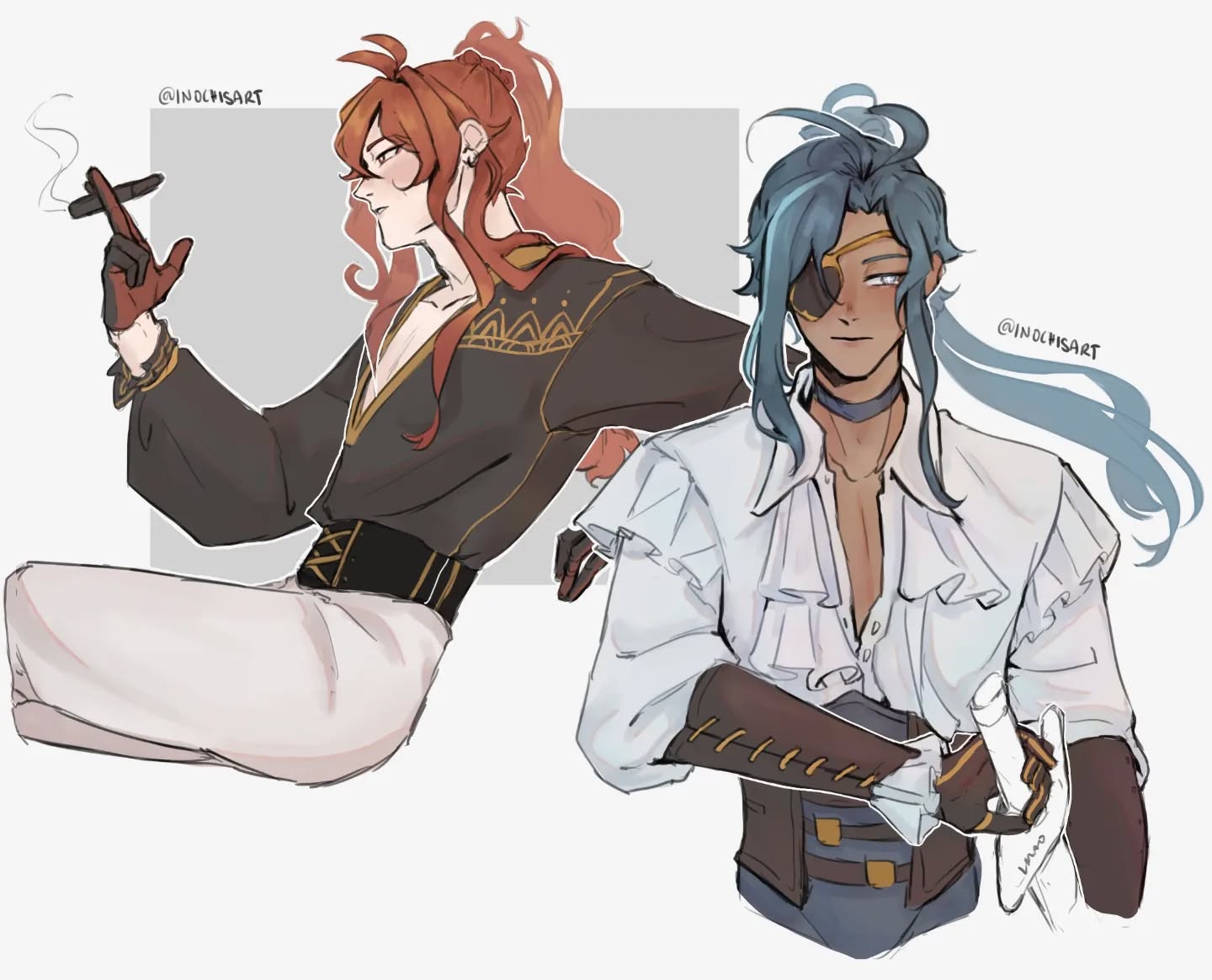 the image is a digital fanart depicting two male characters in stylized clothing.  one character has long red hair, is wearing a darkcolored, elegant outfit with gold accents, and is holding a cigar. the second character has long blue hair, an eyepatch, and is dressed in a more pirateesque white shirt and brown waistcoat.  both characters are posed casually, and the art style is reminiscent of anime or manga, with soft shading and a focus on expressive lines and character design.  the artist's watermark, @indochisart, is visible in two places.