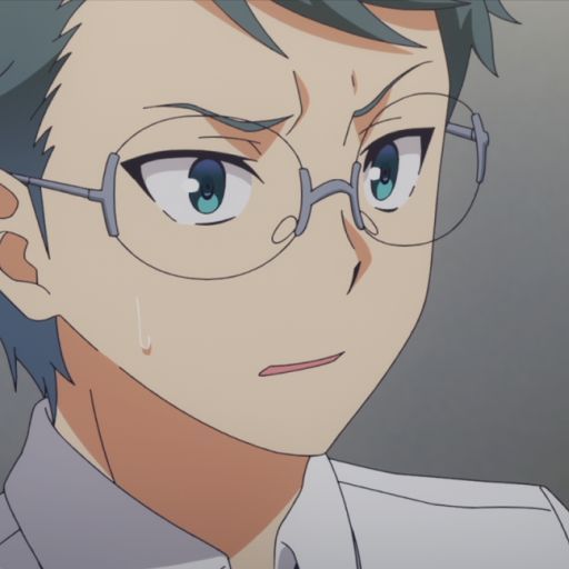 a close up of a young anime boy with gray hair and green eyes wearing round glasses, looking concerned and confused. he is wearing a white shirt. the background is a blurry gray.