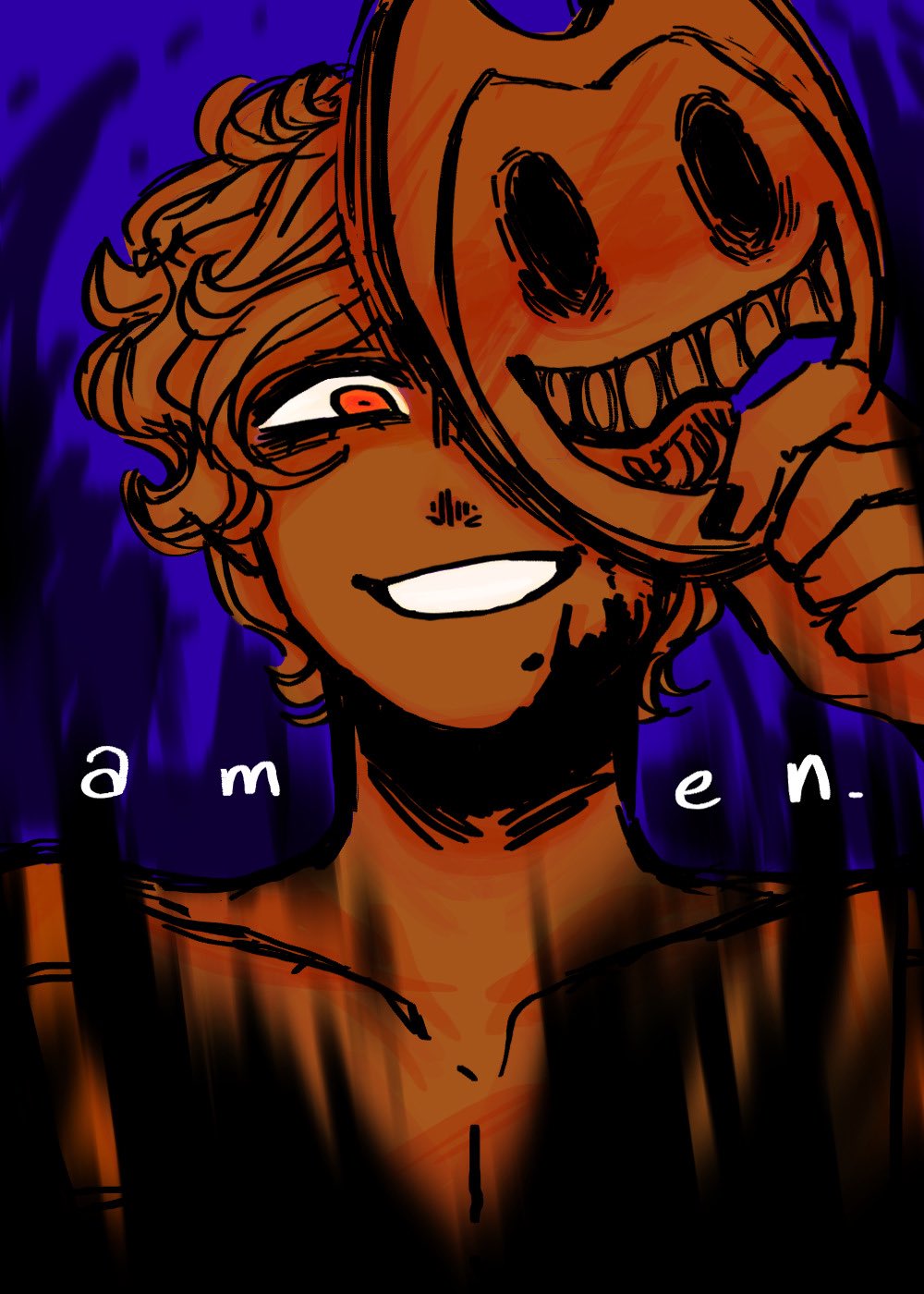the image features a young man with tanned skin and curly orange hair holding a "bendy" mask (from the game bendy and the ink machine) in front of his face. his eyes are wide and bloodshot, and he has a wide, unsettling grin. black ink streaks emanate from his body, partially obscuring the words "amen" written beneath him. the background is a deep bluepurple and fades to black towards the bottom of the image.