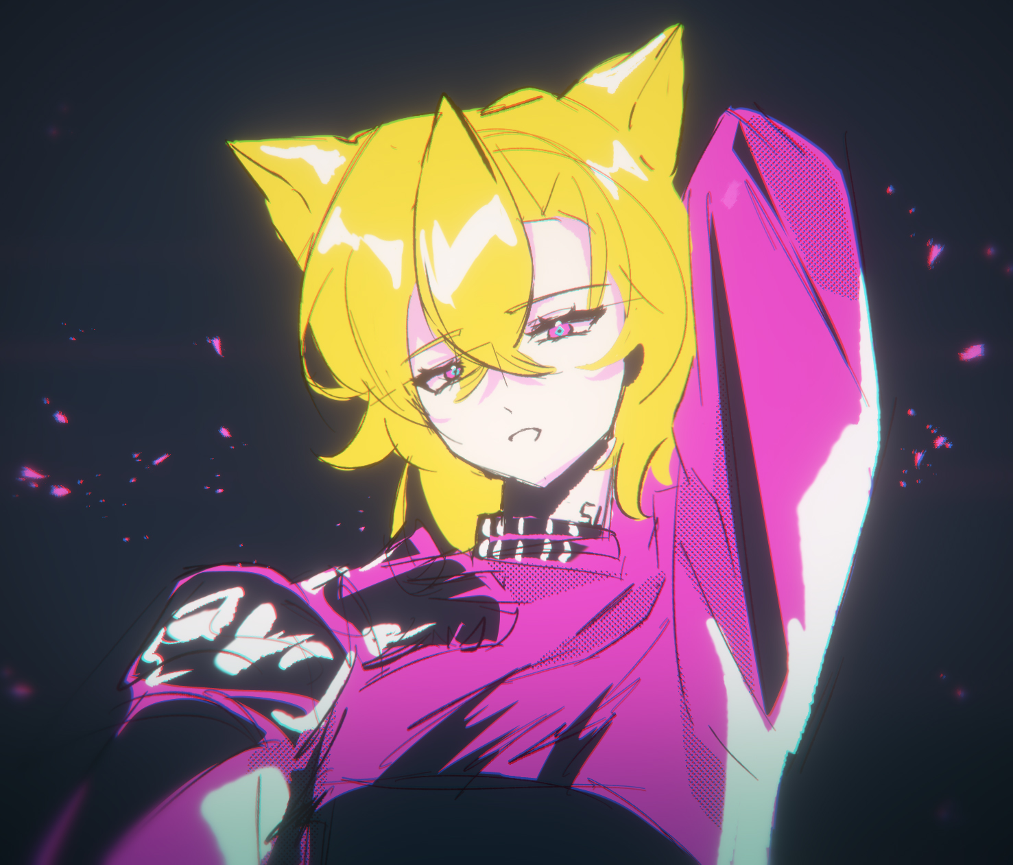 the image shows a stylized animestyle illustration of a young woman with blonde hair and cat ears. she is wearing a pink and purple outfit with black accents, and her expression is somewhat sullen or serious. the art style is characterized by bold lines, vibrant colors, and a slightly rough or unfinished look, giving it a modern and edgy feel.  the background is dark and features some particle effects, enhancing the overall cyberpunk or futuristic aesthetic.