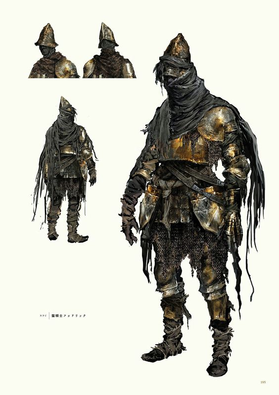 this is a piece of character concept art for what appears to be a knight. they are wearing full plate armor that is dulled with age and dirt. there is also chainmail visible beneath the armor plates. they have a dark cloth covering their face and neck, and a tattered dark cape. the image showcases the character from the front and side, with closeups on the head and helmet.  the overall style suggests a dark and gritty fantasy setting.
