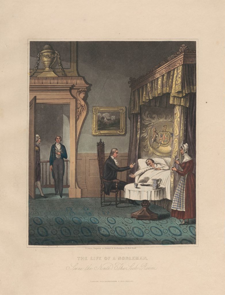illustration titled "the life of a sportsman, scene the ninth, the sick room" depicting a bedroom scene. a sick man lies in a large bed with ornate posts and curtains. a clergyman sits in a chair beside the bed, gesturing towards the patient. a nurse stands near the bed, holding a small object. in the background, two men stand in a doorway, observing the scene. a painting hangs on the wall. the room is furnished with a table, chairs, and other decorative items.