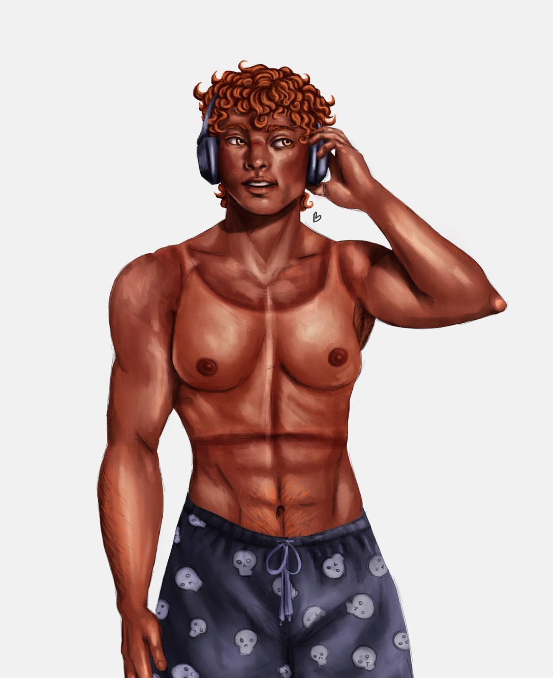 a waistup illustration of a muscular, tanskinned man with short, curly red hair. he is shirtless and wearing blue swim trunks patterned with white skulls. he is holding a set of headphones over his ears with his right hand, and his expression is pleasant.  the background is a plain offwhite.