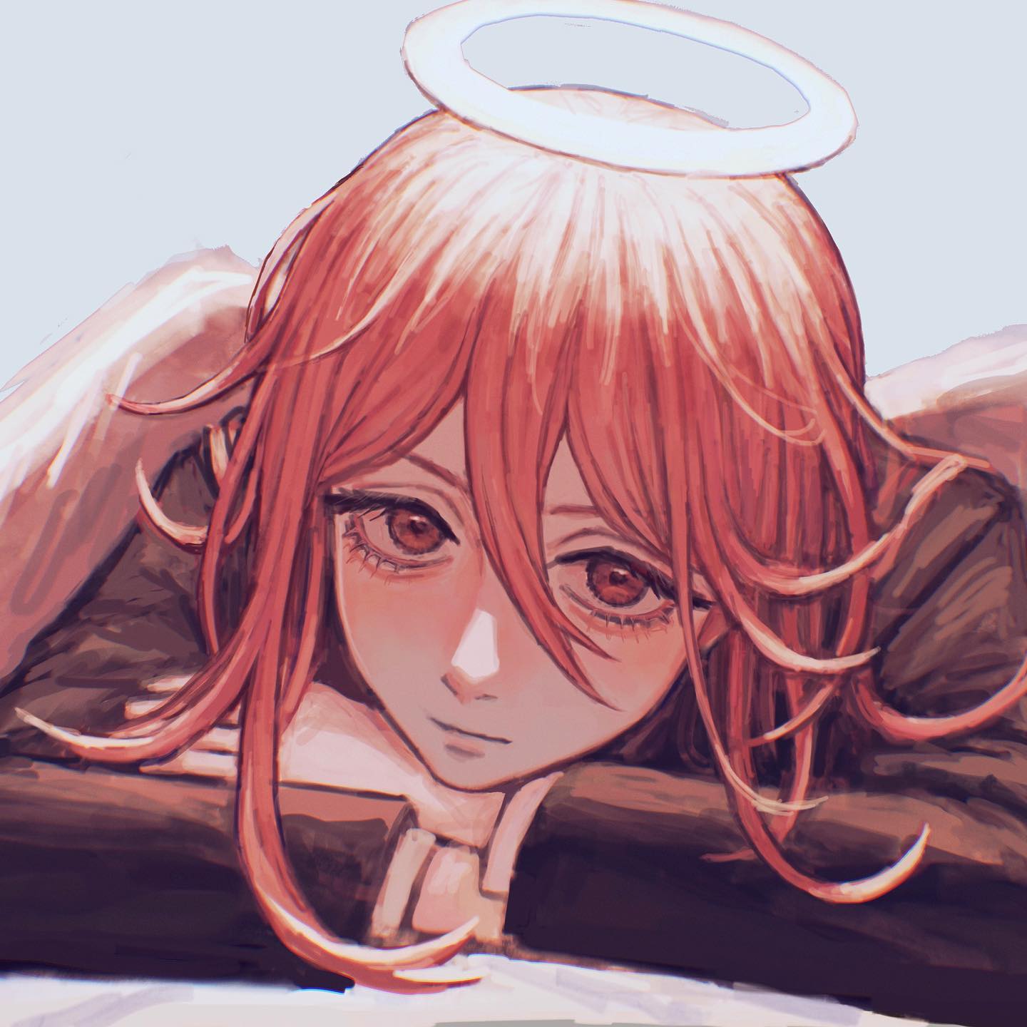 the image is a digital painting or illustration of an animestyle girl. she has long, flowing reddishpink hair and a halo resting atop her head, suggesting an angelic character.  her expression is soft and gentle, her eyes are downcast. she is lying down,  with her arms resting near her face. her attire appears casual yet dark in color.  the overall style of the artwork is soft and ethereal, with a dreamy atmosphere created by the muted color palette and painterly style.