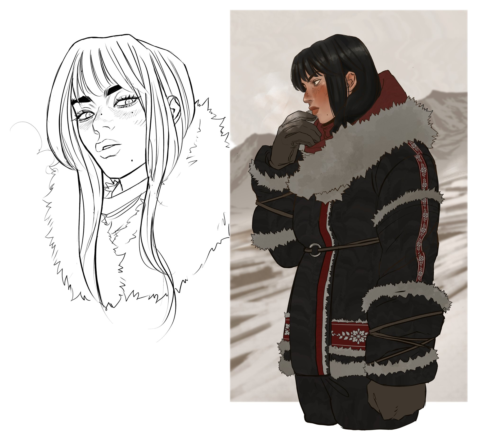 the image shows a sketch of a young woman with long hair and bangs, wearing a furcollared jacket, next to a colored illustration of another young woman with short hair and bangs, wearing a black winter coat with fur trim and red accents, standing in a snowy landscape.