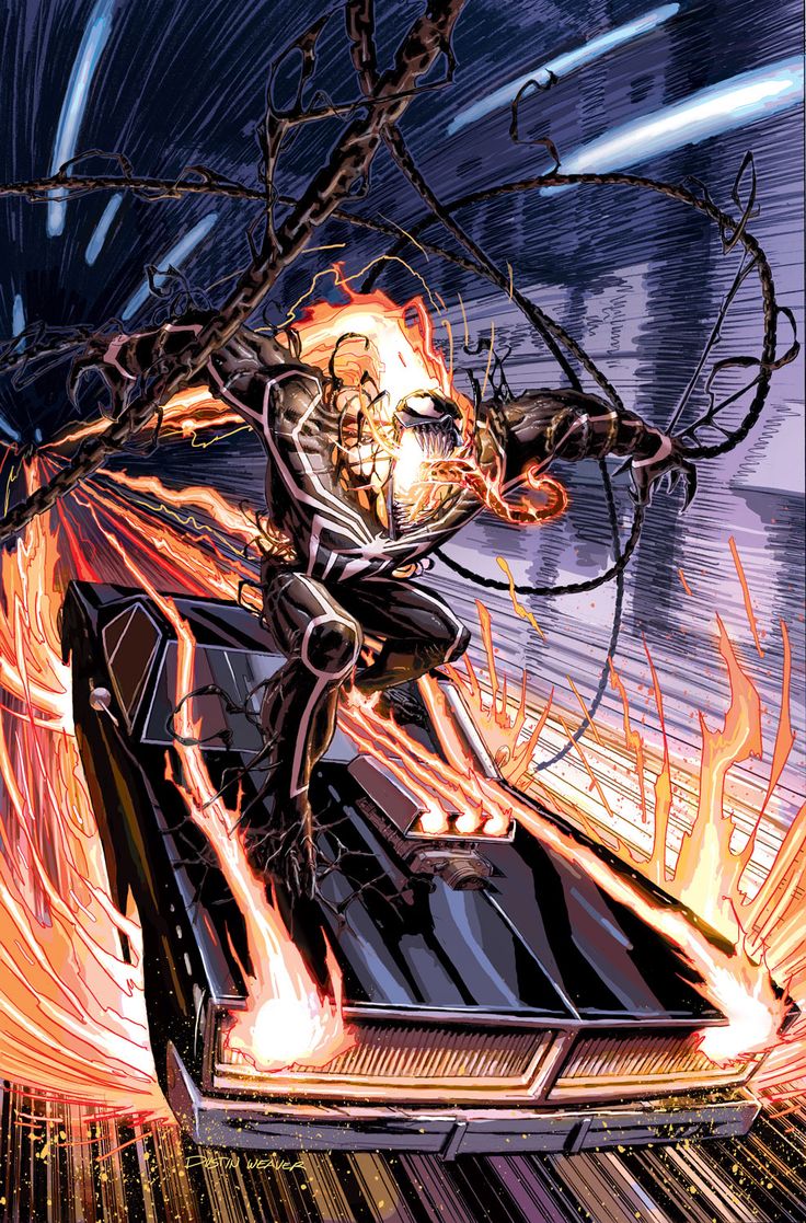this image is a comic book cover featuring a comic book superhero known as venom and ghost rider. venom is a symbiote alien who bonds to a human host giving the host incredible powers such as superhuman strength, speed and agility. ghost rider is a marvel superhero who is able to control fire and a fiery skull. they are driving a black car with ghost rider's flames coming out of the back and the car is going at high speeds. they are both in the midst of action and fighting. the image is illustrated in a comic book style with vivid colors and dynamic poses.