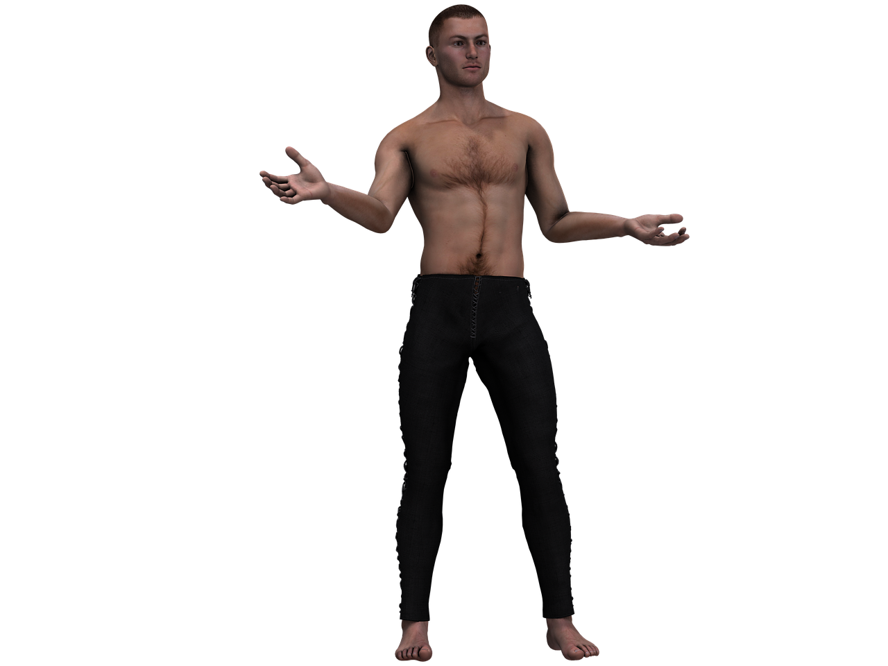 a shirtless man with dark hair stands against a black background, wearing black pants and gesturing with his hands. he appears to be a virtual model or digital art piece.