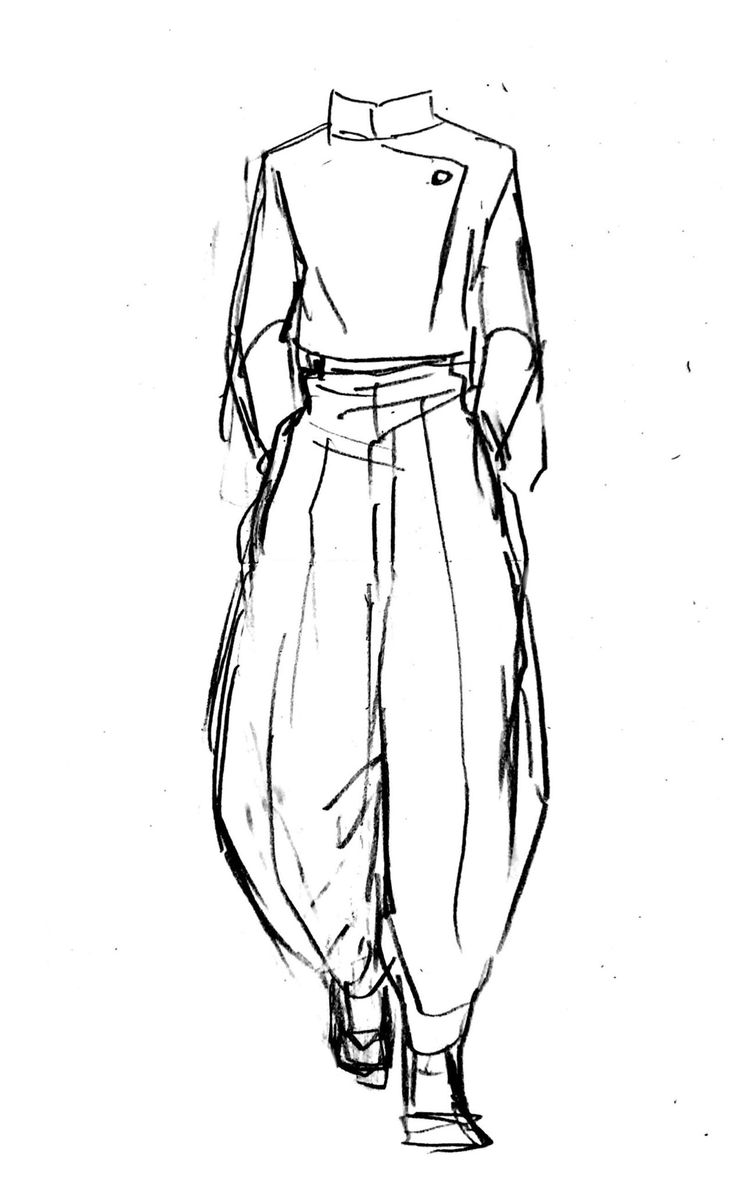 a black and white sketch of a minimalist fashion design. the figure is wearing a long jacket with a standup collar and widelegged pants. the design is simple yet elegant, with clean lines and a modern silhouette.