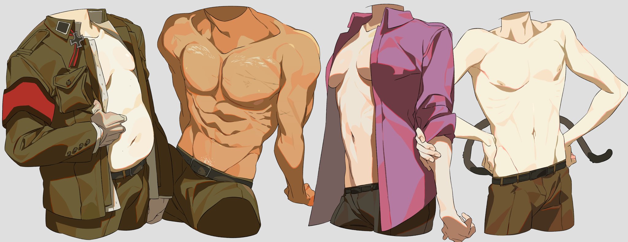 the image shows four stylized torsos of men with varying levels of muscularity and clothing. from left to right, the first torso is wearing an open militarystyle uniform with a red armband and an iron cross medal; the second is muscular and shirtless; the third is wearing an open purple shirt; and the fourth is shirtless with a pair of cat tails. all torsos are cut off at the neck and above the knees.