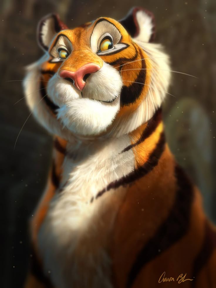 a cartoonstyle digital portrait of a tiger with a soft, furry appearance. the tiger has an orange and black striped coat, a pink nose, and bright yellow eyes. its chest is white and fluffy. the overall style is reminiscent of a cartoon character.