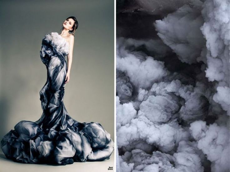 this image is a split image. on the left side, a woman is posed in a dramatic, flowing dress that resembles smoke or clouds. her pose is elegant and her expression is intense. on the right side, a closeup shot of a cloudy sky or smoke. the two images complement each other, creating a surreal and ethereal atmosphere. the image could be interpreted as a representation of the power of nature, the fragility of beauty, or the fleeting nature of time. the image is a striking example of fashion photography.