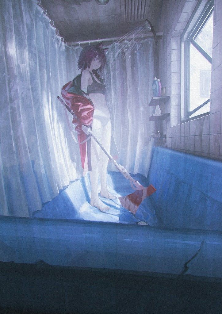 the image depicts an animestyle girl with purple hair standing in a bathtub. she is holding a bloody axe and is wearing a red jacket and white shorts. the bathroom setting features a shower, shower curtain, and a window. the overall atmosphere is dark and suggestive of violence or horror. the art style is digital painting with a focus on atmospheric perspective and color.