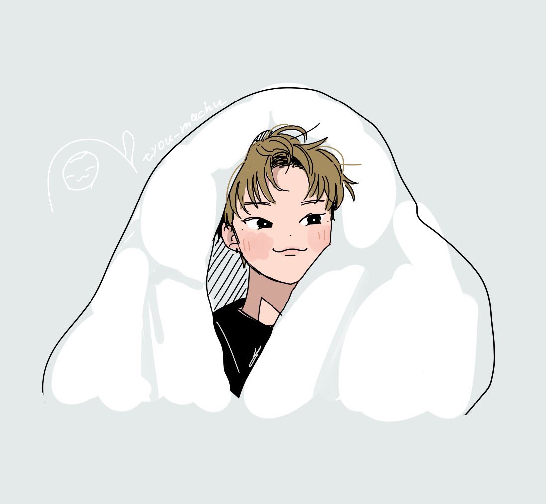 a drawing of a young man with short brown hair peeking his head out from under a white blanket. he's drawn in a cartoon style and has rosy cheeks. the background is a solid light bluegray.