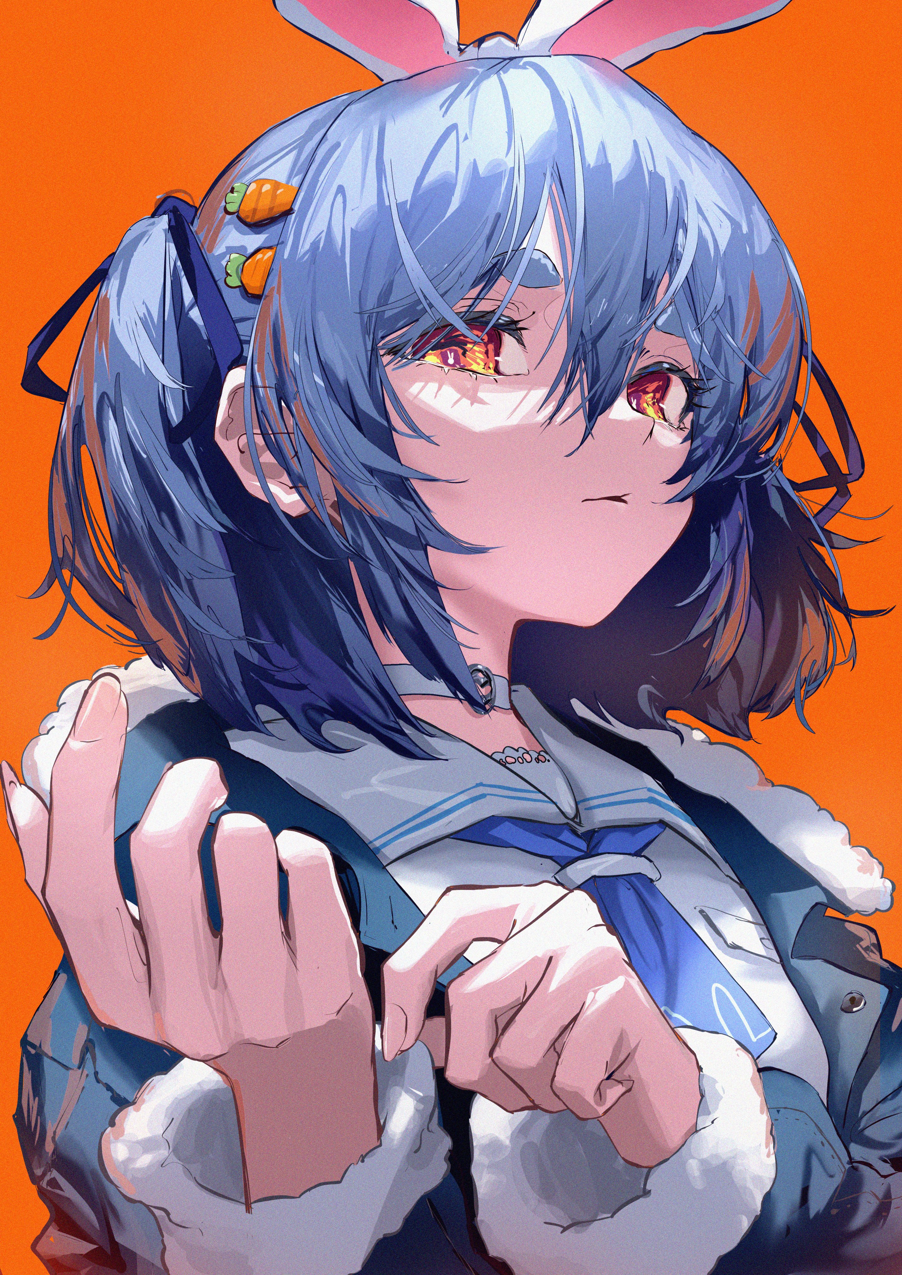 the image shows an anime girl with blue hair and orange eyes. she is wearing a blue jacket with white fur trim, a blue and white collar, and a white fur hat with bunny ears. she is looking up, her eyes wide with wonder. the background is a bright orange.