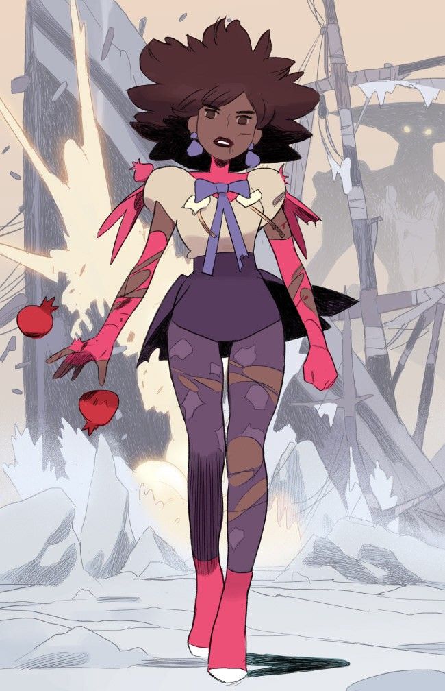 he image is a digital illustration of a young woman, animestyle, walking through a desolate, postapocalyptic landscape.  she has dark brown, curly hair, dark skin, and is wearing a torn, stylish outfit with a purple skirt, pink gloves and socks.  she carries two pomegranates. the background shows remnants of a large structure, possibly a ship, and ice or snow on the ground. the art style is distinct, with bold lines and muted colors. the overall mood is one of resilience and strength in the face of adversity.