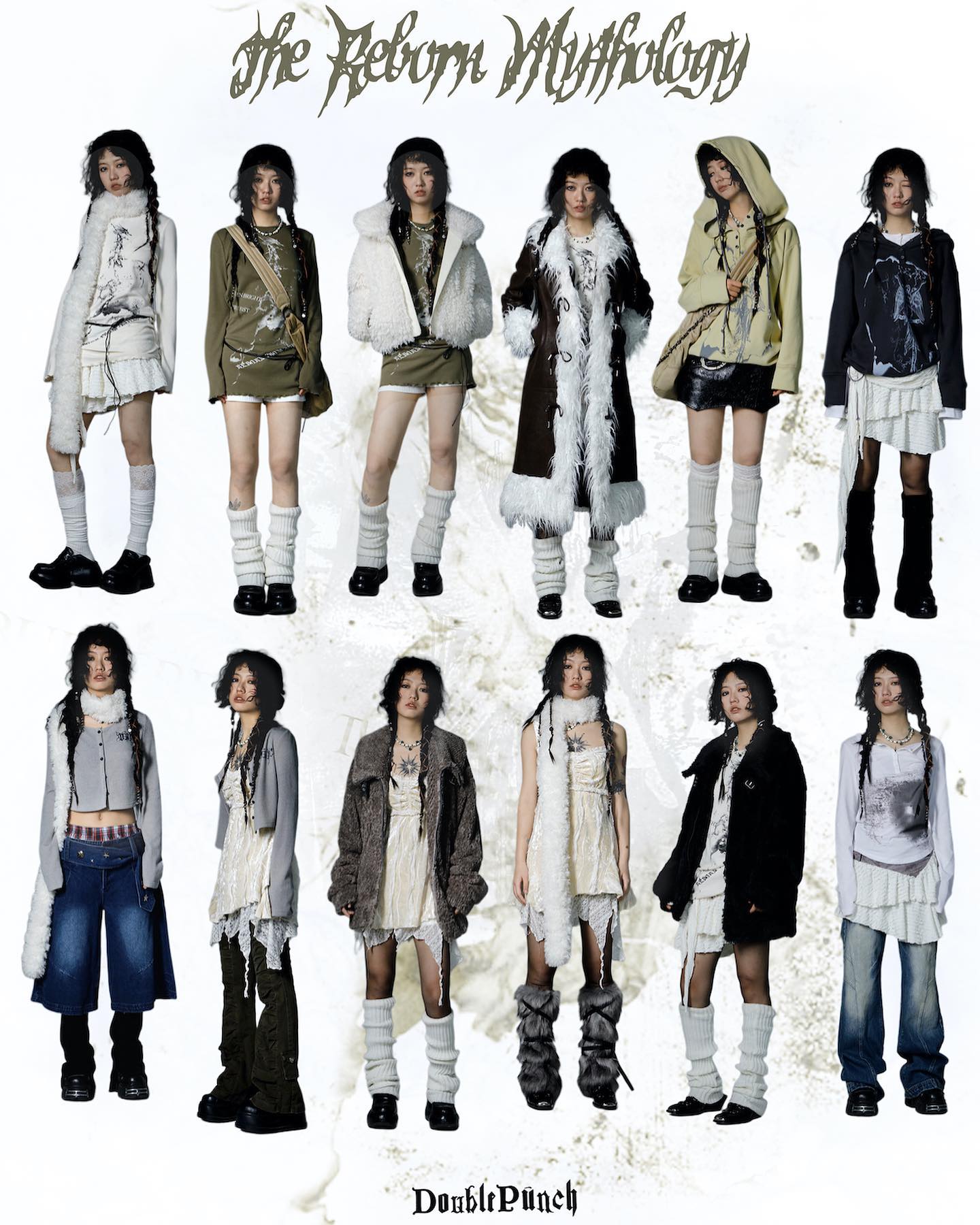 he image showcases a fashion collection titled "the reborn mythology" by double punch.  it features twelve models, each styled in a unique yet cohesive grungeinspired outfit. the clothing is primarily darktoned, featuring layers of outerwear like coats and jackets, paired with boots and long socks. the overall aesthetic is dark, edgy, and slightly gothic.  the models are posed individually against a lightgrey backdrop, allowing the detailed clothing and styling to be the focus. each model sports different hairstyles and accessories. the overall impression is that of a dark and dramatic fashion collection.