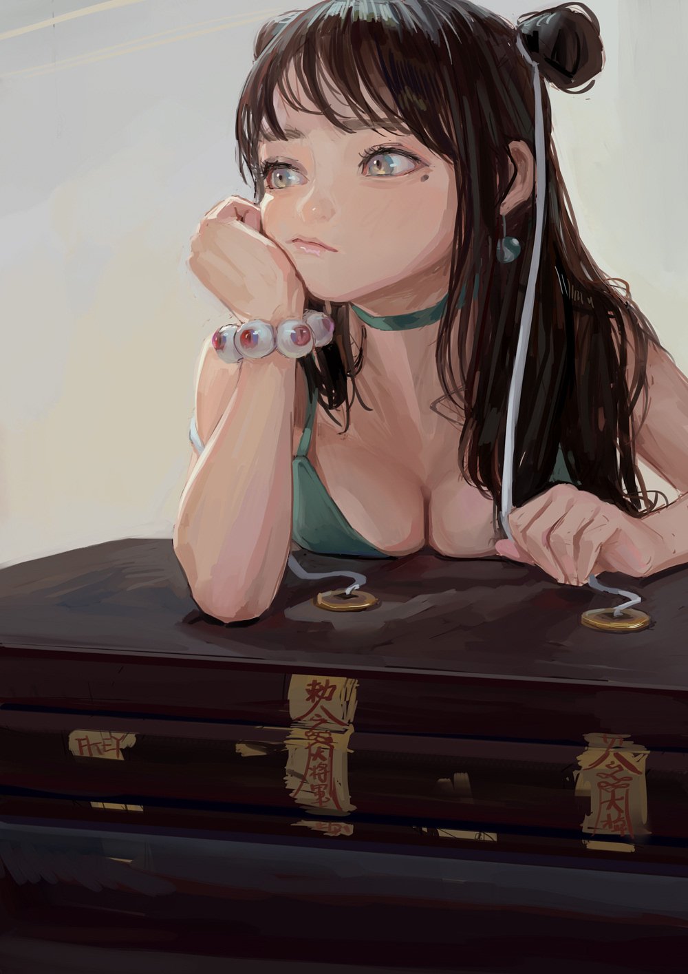 an animestyle illustration depicts a young woman with large, expressive eyes and dark hair styled in buns, adorned with white ribbons. she rests her head on her hand, wearing a green choker and a unique bracelet made of what appear to be eyeballs. she leans on a darkcolored table, where two coins with thin white strings are placed. she is wearing a lowcut green top.