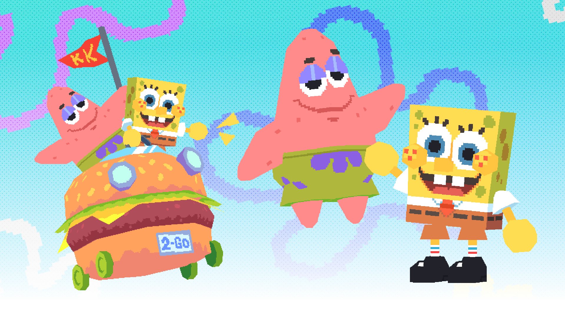 the image features spongebob and patrick from the animated series spongebob squarepants. spongebob is depicted in two instances  once driving a stylized burgershaped vehicle and again standing and smiling on the right. patrick is shown twice as well  once waving from the burger car and again floating in the center. the background is a vibrant blue sky with stylized clouds. the overall aesthetic is bright, colorful, and pixelated, resembling a retro video game.
