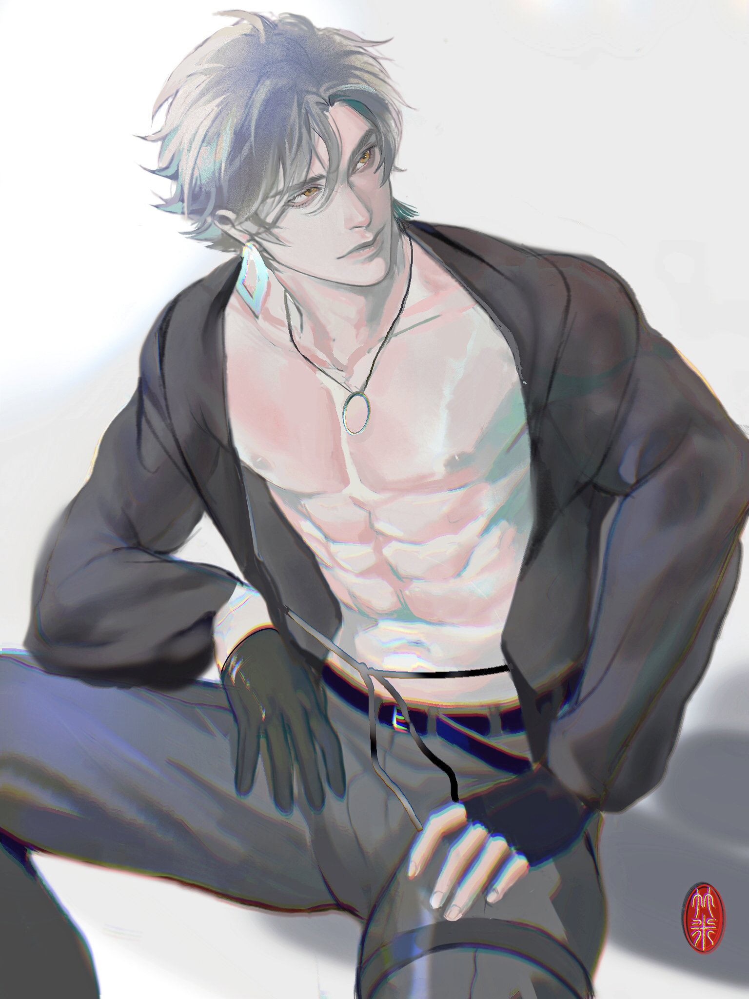 an anime illustration of a handsome man in a black hoodie and gray pants with his chest exposed. he is sitting with his legs crossed and his arms resting on his thighs. he is wearing gloves and a necklace. his hair is silver with a hint of blue, and his eyes are brown. he has a slightly mischievous expression on his face and is looking to the side. the background is white, with a blurry, abstract design.