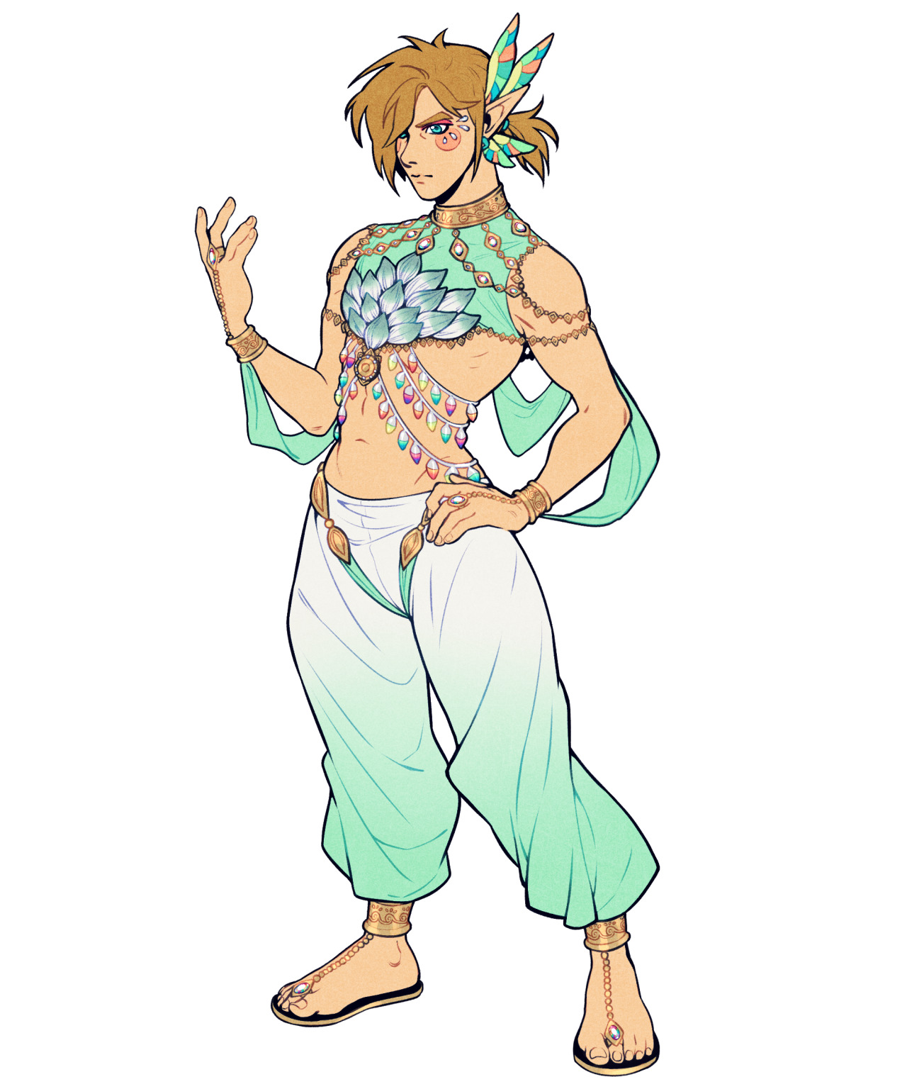 the drawing depicts link from the legend of zelda franchise reimagined as a belly dancer. he is clad in a flowing, mintgreen outfit with a jeweled bra, hip scarf, and anklets. the outfit is adorned with intricate patterns and shimmering details. link is posing with one hand raised gracefully and a confident expression on his face.