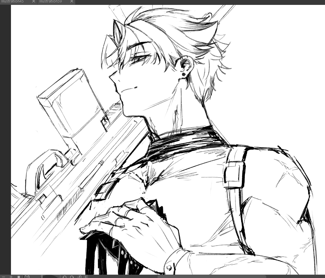 a black and white line drawing of a young man with a gun. he is looking off to the side with a serious expression on his face. the drawing is detailed and wellexecuted.