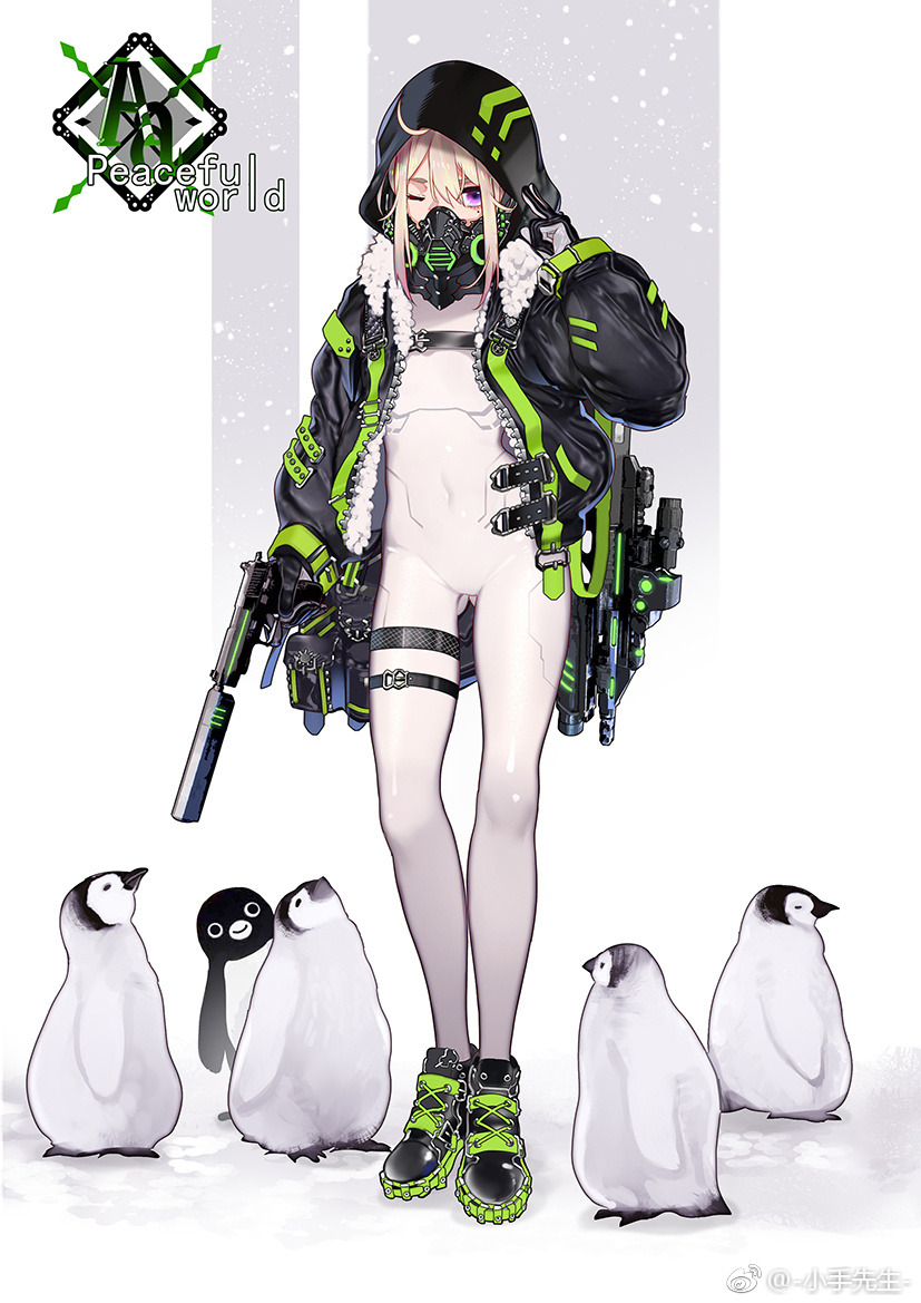 an anime girl in a cyberpunk style outfit is standing in the snow with four penguins. she's wearing a black and neon green jacket, a gas mask and black boots. she's holding a gun and is looking towards the viewer. the image is set in a wintery environment and features a "peaceful world" logo. the art style is digital and illustrative.