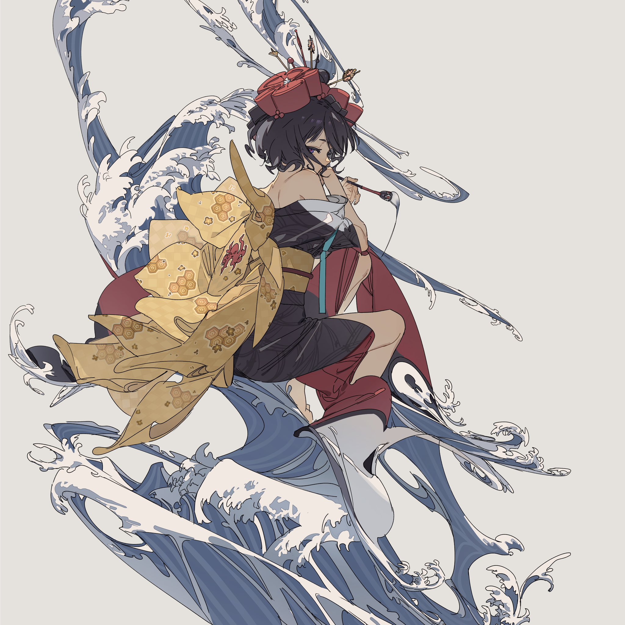 the image showcases a stylized anime girl, elegantly dressed in a flowing kimono, perched atop a dynamic wave. her attire features intricate gold and red patterns, complementing the wave's detailed, bluegrey hues that evoke a sense of motion and artistry. the overall aesthetic blends traditional japanese ukiyoe influences with contemporary anime style, creating a visually striking and harmonious composition. the scene’s delicate balance between action and calmness leaves an impression of both power and peace.