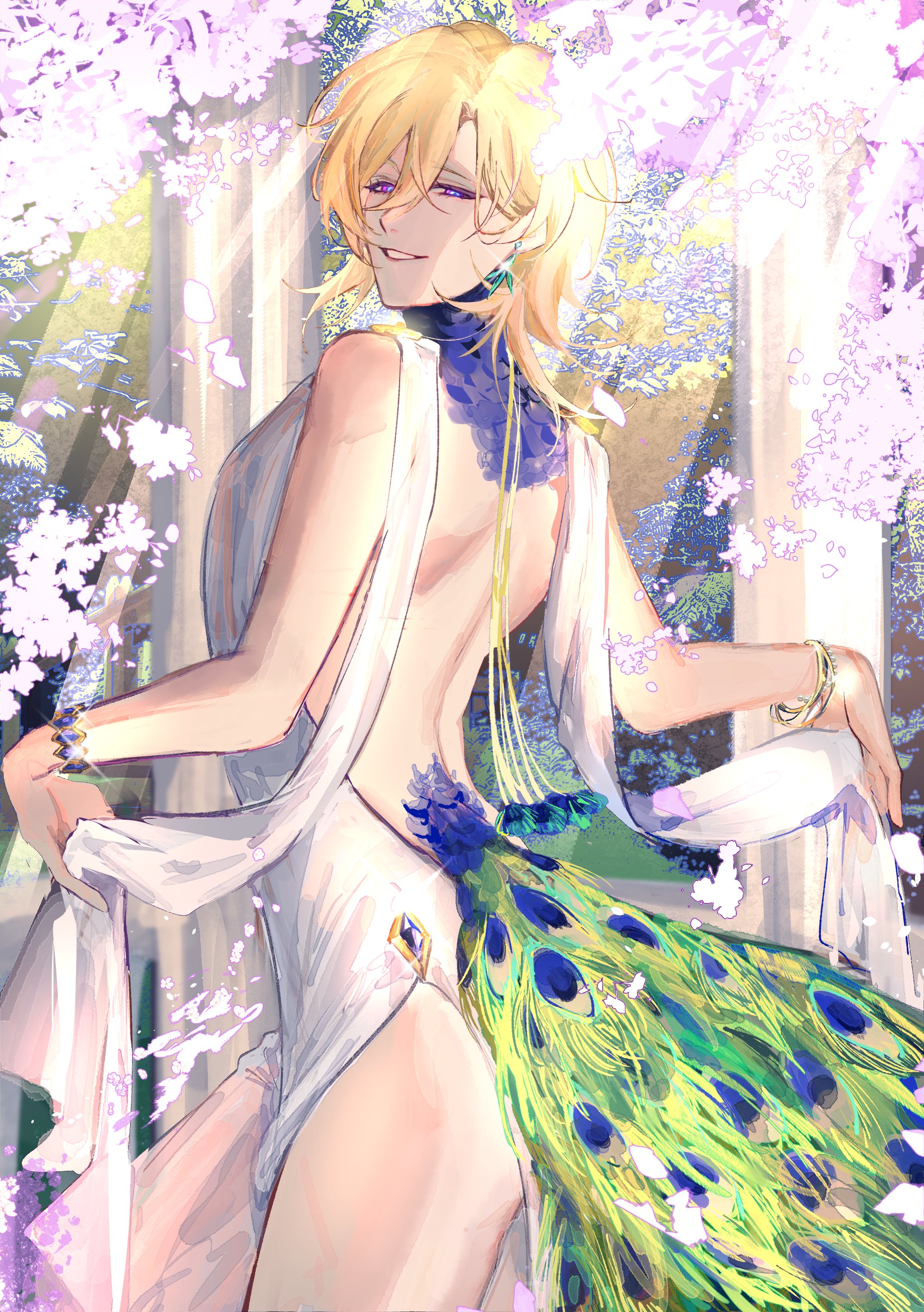 a beautiful anime girl with long blonde hair is wearing a white dress. her tail is a large peacock tail and she is looking over her shoulder with a smile. the background is filled with light purple flowers.