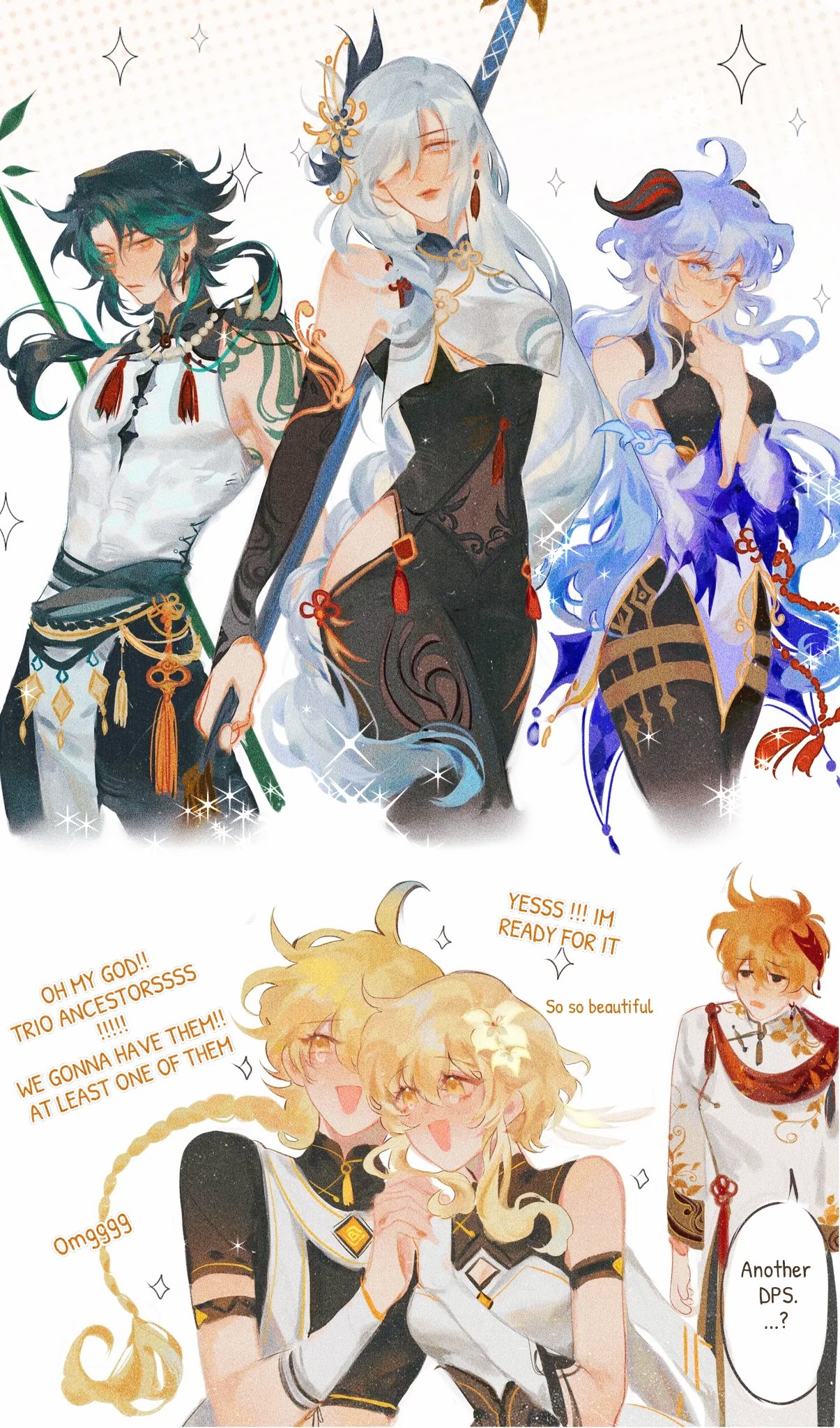 this is a vibrant and detailed piece of fanart featuring several popular characters from the game genshin impact. the art style is reminiscent of anime and manga, showcasing the characters in elaborate and stylish outfits. the image includes aether and lumine, raiden shogun, kamisato ayaka, and yae miko, each rendered with great attention to detail. there are also two additional characters, likely original characters inspired by the genshin impact art style,  that appear to be twins, possibly siblings. the overall aesthetic is bright and lively, with the background having a slightly sparkly effect. the fanart is accompanied by text expressing excitement, particularly referencing the inclusion of three specific characters, seemingly implying the acquisition of desired ingame characters. the text also playfully expresses the anticipation for another dps (damage per second) character.
