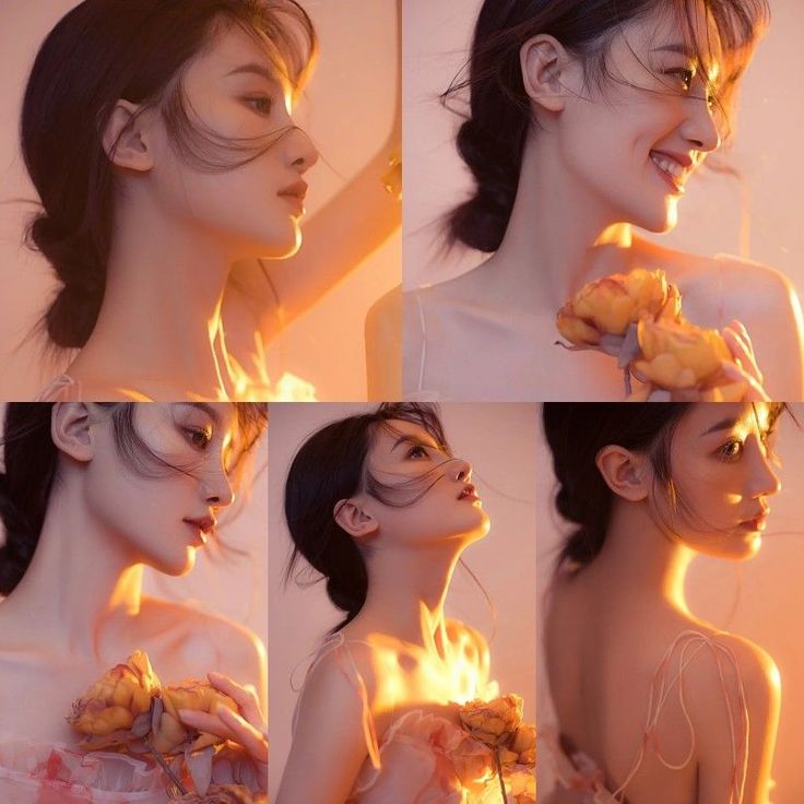 the image is a collage of six closeup portraits of a woman with long dark hair. she is wearing a sheer, flowing white top and is illuminated by soft, warm golden light. in some of the photos, she is holding a yellow rose. the woman has a serene and elegant expression, and the overall mood of the image is one of beauty and femininity.